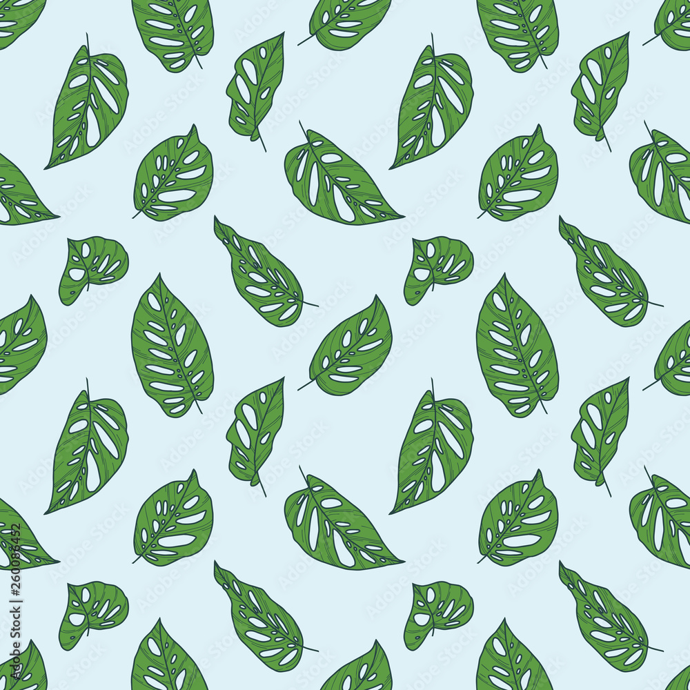 Seamless pattern with green tropical Monstera Swiss Cheese plant leaf drawings on light blue bacground Seamless pattern with green tropical Monstera Swiss Cheese plant leaf drawings on light blue bacground