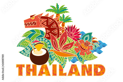 Thailand tourist sticker. Decorative dragon hiding in the jungle. Vector drawing