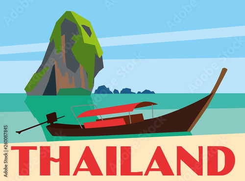 Thailand travel postcard poster. National boat in the bay on the background of the rocks. Vector drawing