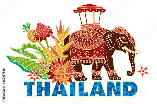 Thailand tourist sticker. Decorative elephant stylized flowers. Vector drawing
