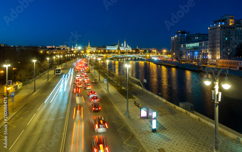 Car traffic on Prechistenskaya embankment  Moscow  Russia