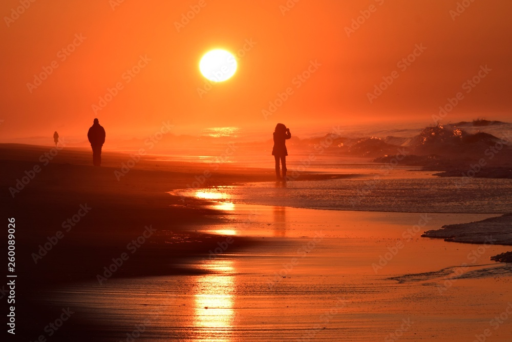 silhouette of people on the beach at sunset