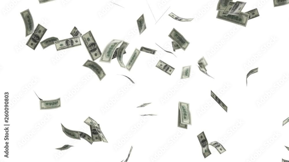 Money raining and falling down on white background. Seamless looping animation.