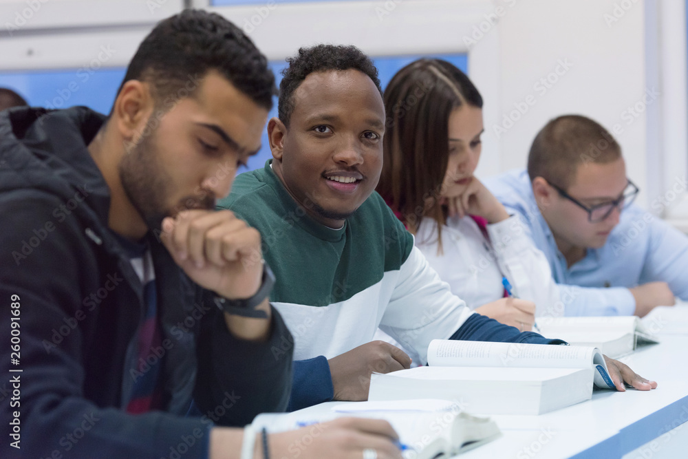 University mixed race Students, african, american and european during the class. Resolving problems together. Team work, multiethnic and happyness concept . University mixed race Students, african, american and european during the class. Resolving problems together. Team work, multiethnic and happyness concept .