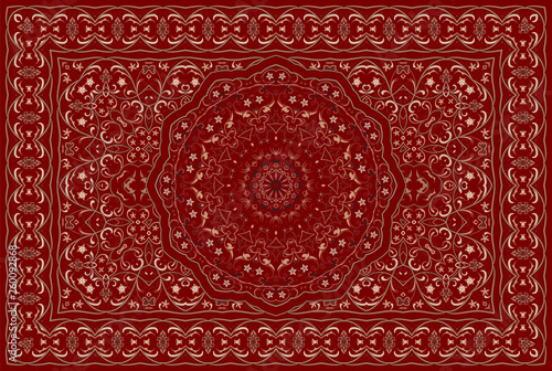 Vintage Arabic pattern. Persian colored carpet. Rich ornament for fabric design, handmade, interior decoration, textiles. Red background. photo