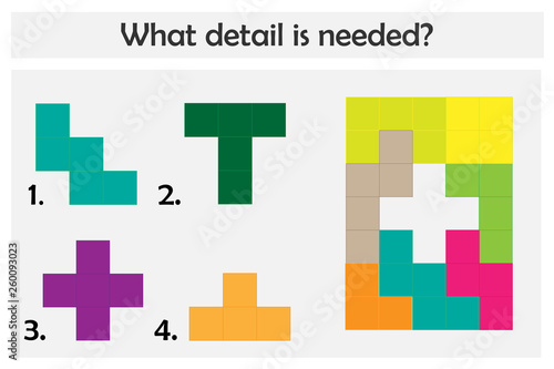 Puzzle game with colorful details for children, choose needed detail, easy level, education game for kids, preschool worksheet activity, task for development of logical thinking, vector illustration