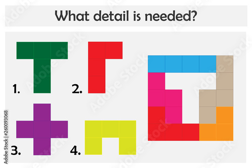 Puzzle game with colorful details for children, choose needed detail, easy level, education game for kids, preschool worksheet activity, task for development of logical thinking, vector illustration