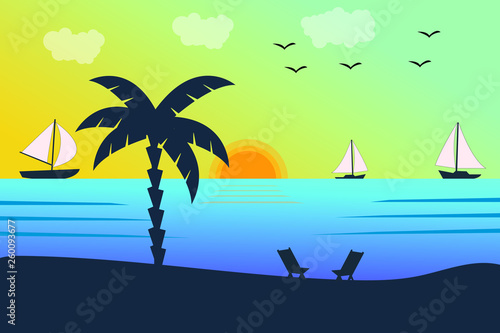 Summer holiday beach background. Tropical paradise  palm trees silhouette