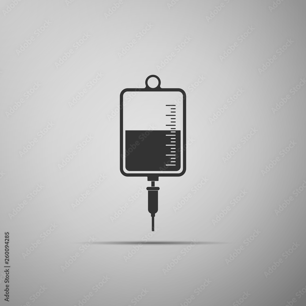 IV bag icon isolated on grey background. Blood bag icon. Donate blood concept. The concept of treatment and therapy, chemotherapy. Flat design. Vector Illustration IV bag icon isolated on grey background. Blood bag icon. Donate blood concept. The concept of treatment and therapy, chemotherapy. Flat design. Vector Illustration