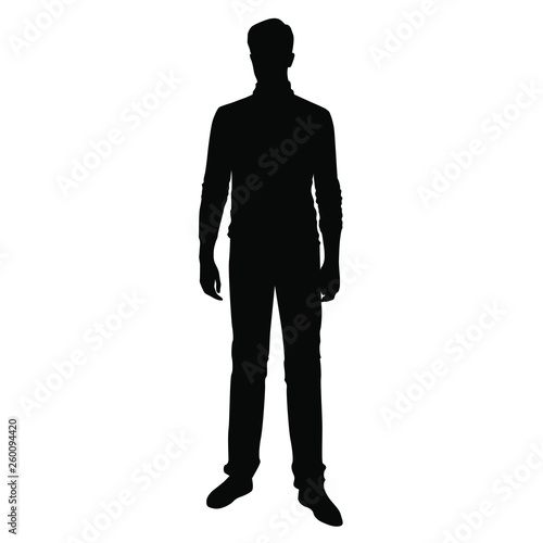 Vector silhouette of one man standing, business people, black color isolated on white background