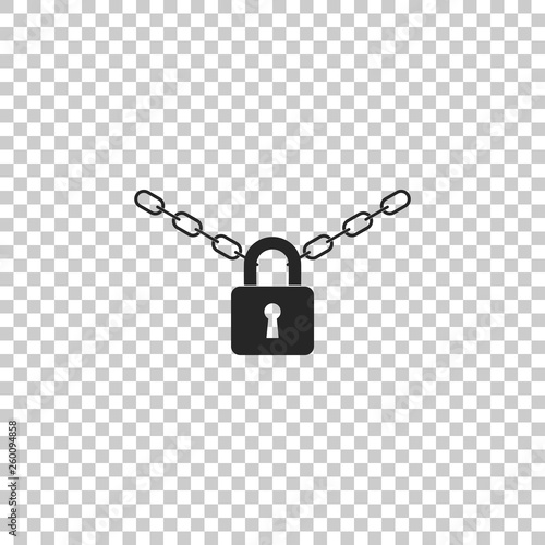 Metal chain and lock icon isolated on transparent background. Padlock and steel chain. Flat design. Vector Illustration