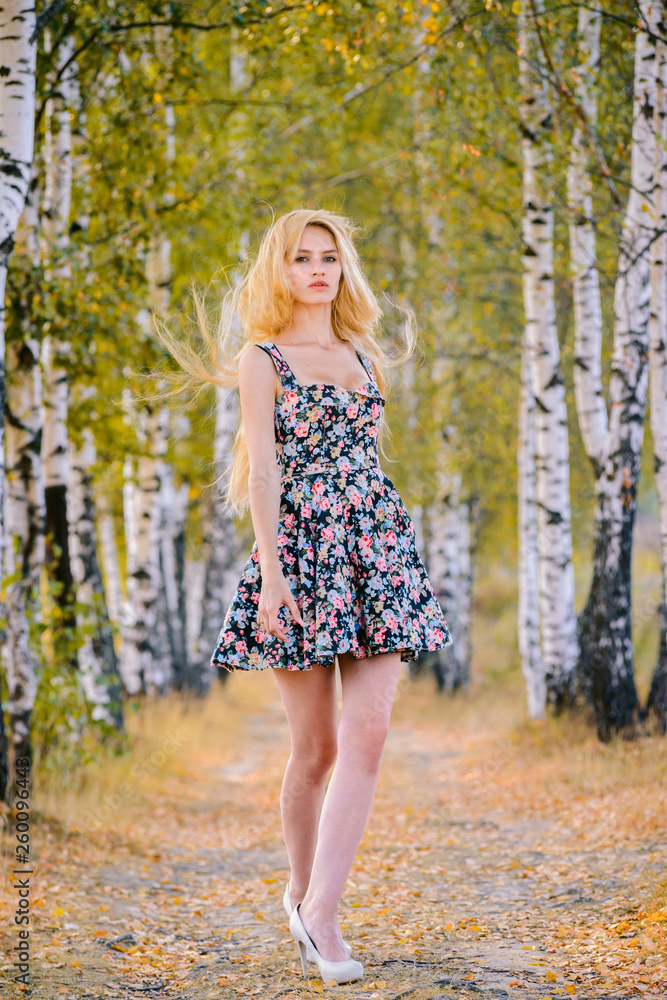 An attractive girl with long hair in a short dress walks in the Park. An attractive girl with long hair in a short dress walks in the Park.