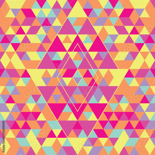 Geometric seamless pattern with colorful triangles. Pink, yellow and purple.