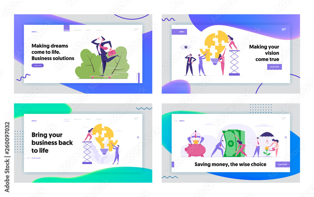 Teamwork Business Solution Concept Landing Page with Characters Collect Light Bulb Puzzle Pieces. Businessman and Businesswoman Collect Money in Piggy Bank Banner, Website. Vector Flat illustration