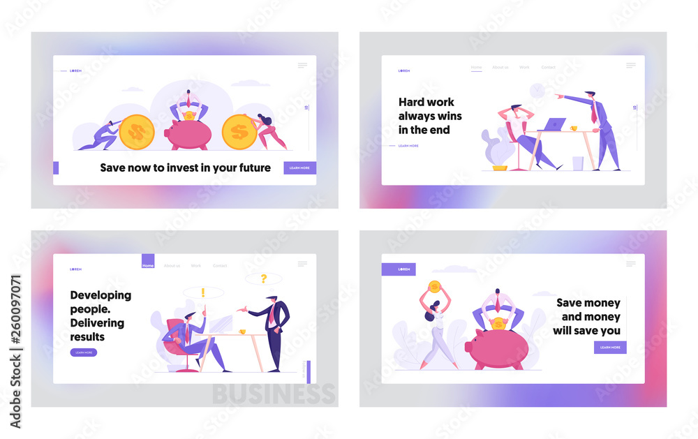 Money Saving Concept with Business People Characters Landing Page Set. Financial Savings Profit, Investment and Business Meeting Website Banner, Web Page. Vector Flat illustration