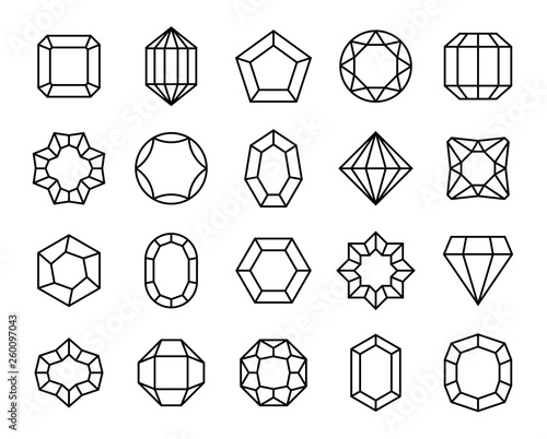 Gem line. Geometric gems diamonds precious jewels outline shape carat brilliant valuable stone luxury gemstones crystal vector icons