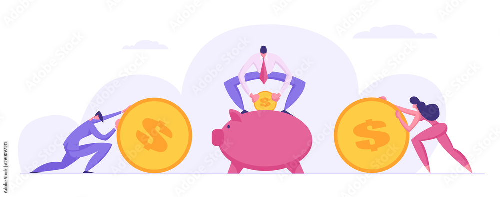 Money Saving Concept with Business People Characters and Piggy Bank. Financial Savings Profit, Investment, Deposit with Businessman Accumulate Coins in Moneybox. Vector Flat illustration
