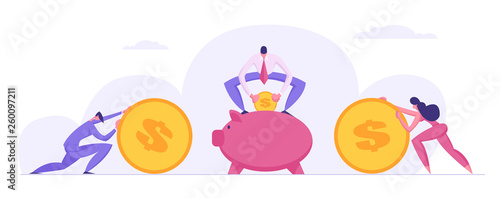 Money Saving Concept with Business People Characters and Piggy Bank. Financial Savings Profit, Investment, Deposit with Businessman Accumulate Coins in Moneybox. Vector Flat illustration