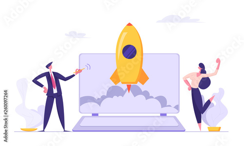 Successful Start Up Concept with Business People Characters Launches Rocket from Laptop. Space Ship Metaphor Business Startup, Teamwork E-commerce Banner. Vector Flat illustration