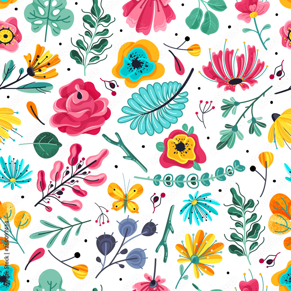 Floral seamless pattern. Spring summer garden colorful flowers botanical floral flower vintage texture wallpaper, flat vector print