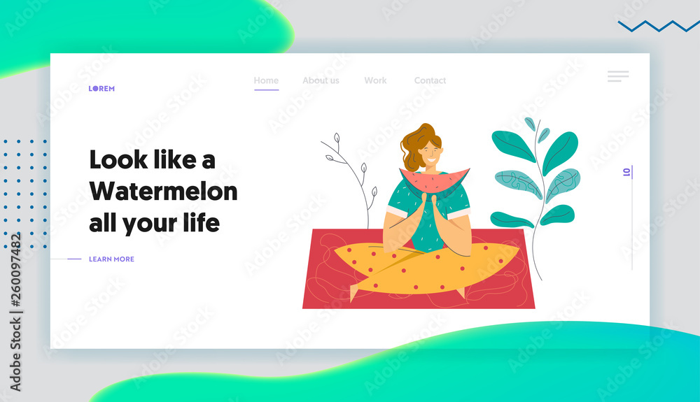Happy Woman Eat Watermelon on Picnic Landing Page. Female Character Relaxing on Nature Landscape. Healthy Eating Outdoor Relax for Banner, Website, Web Page. Vector Flat illustration Happy Woman Eat Watermelon on Picnic Landing Page. Female Character Relaxing on Nature Landscape. Healthy Eating Outdoor Relax for Banner, Website, Web Page. Vector Flat illustration