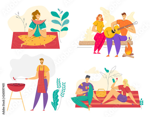 Summer Vacation Outdoor Picnic with BBQ. Man Cooking Meat on Grill. Happy Couple Eating in Camping. Characters on Barbecue in Park. Vector Flat illustration