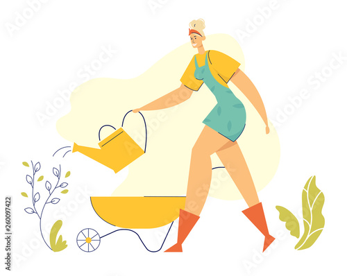Woman Gardener with Watering Can. Female Character in the Garden Growing Plant. Farmer Girl Taking Care on Plant, Gardening Planting Flowers. Vector Flat illustration