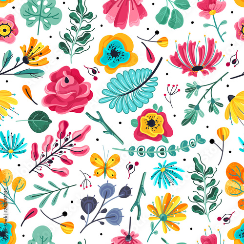Floral seamless pattern. Spring summer garden colorful flowers botanical floral flower vintage texture wallpaper, flat vector print