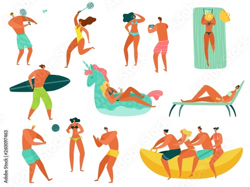 Beach people. Summer vacation sea ocean family relax playing sports people swimming sunbathing walking fun characters vector isolated