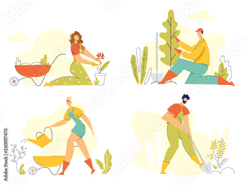 Gardener Characters Working in the Garden Concept. Man Planting Tree, Woman with Watering Can Growing Flowers. Gardening, Farming Banner. Vector Flat illustration