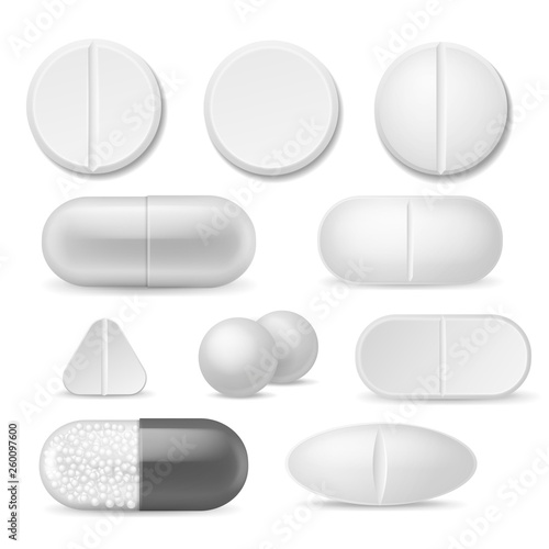 Realistic pills. White medicine tablets. Antibiotic aspirin painkiller drugs, therapy pharmacy healthcare addiction vector icon set