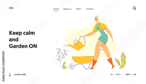Woman Gardener with Watering Can Landing Page. Female Character in the Garden Growing Plant. Farmer Girl Taking Care on Plant, Gardening Planting Flowers Banner, Website. Vector Flat illustration
