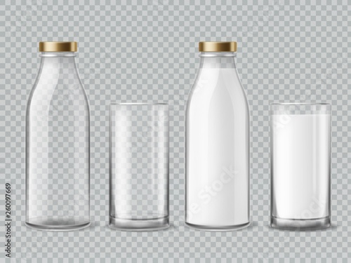 Milk bottle and glass. Empty and full milk realistic bottles glasses dairy beverage product isolated vector mockup