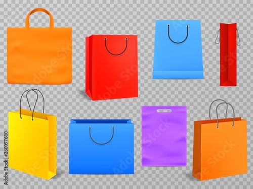 Color shopping bags. Empty products handbag white paper fashion bag with handle 3d isolated grocery package vector mockups