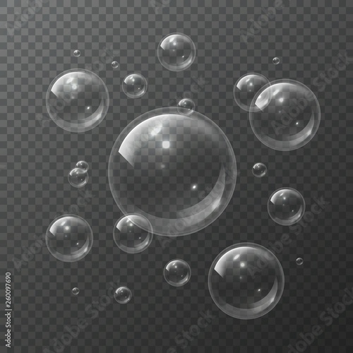 Soap bubbles. Aqua spheres blowing air foam bubble shampoo soap transparent bubbling shiny bubbly 3d isolated vector texture