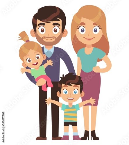 Young family. Mother and father with kids brother sister traditional relationship society character flat vector illustration