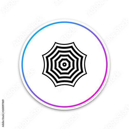 Sun protective umbrella fo beach icon isolated on white background. Large parasol for outdoor space. Beach umbrella. Summer vacation or picnic accessory. Circle white button. Vector Illustration
