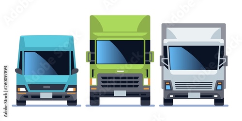 Truck front view set. Urban city vehicle model cars for delivery. Road traffic driving flat vector illustration