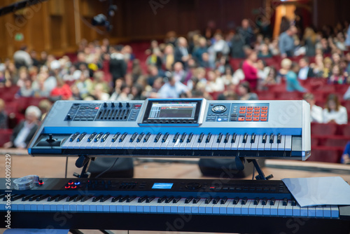 synthesizers on the background of the audience before the concert