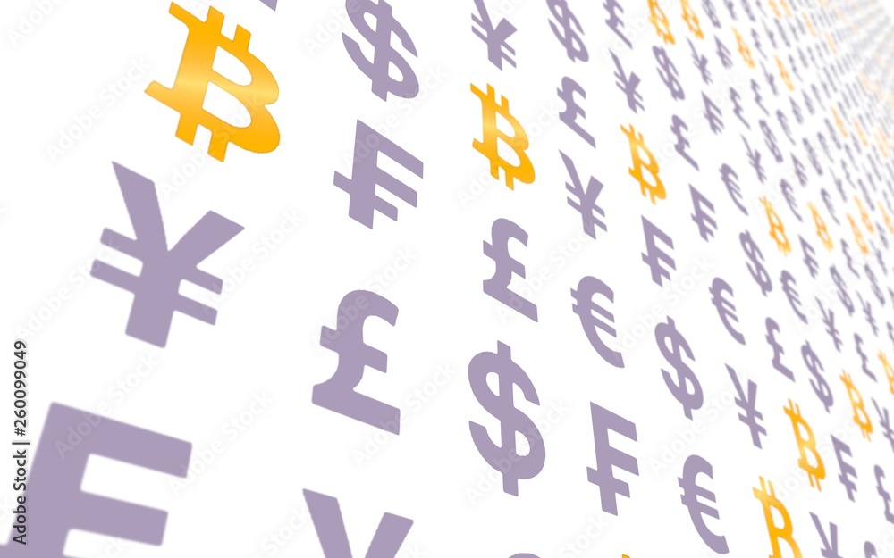 Bitcoin and currency on a white background. Digital Cryptocurrency symbol. Wave effect, currency market fluctuations. Business concept. 3D illustration