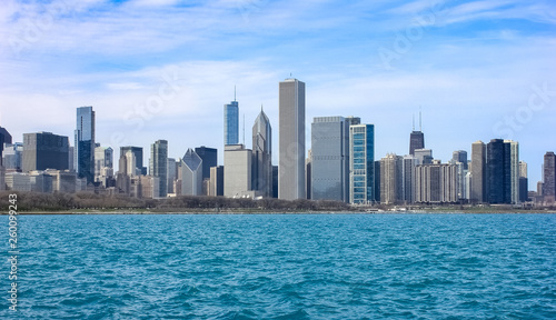 View of the Chicago Skyline from the Museum Campus, Lake Michigan shore. Chicago city skyline on a warm, spring day