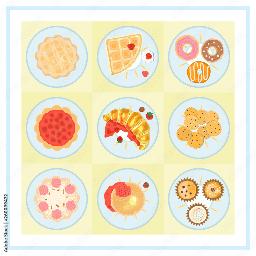 A vector set of food icons made in flat style, featuring nine different kinds of desserts.