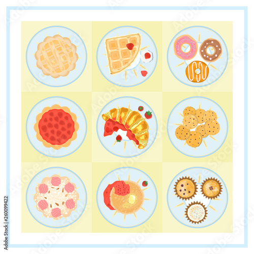 A vector set of food icons made in flat style, featuring nine different kinds of desserts.