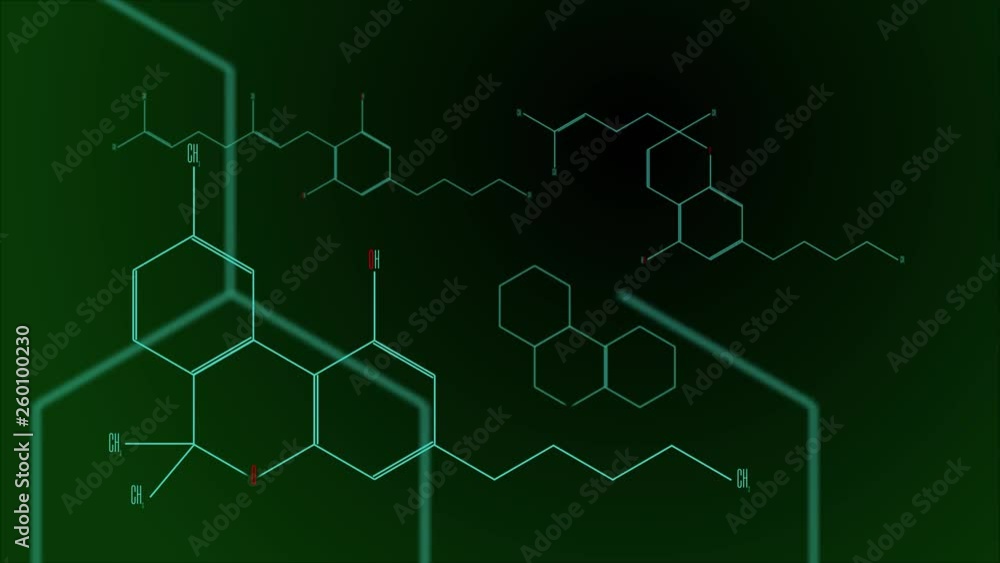 Digital animation - a group of cannabinoid molecules. The inscription 'cannabis detected' Black and green gradient background. Digital animation - a group of cannabinoid molecules. The inscription 'cannabis detected' Black and green gradient background.