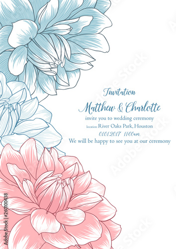 Cute wedding invitation with flowers of dahlias. Congratulations on your birthday, invitation card. Flower pattern. Element for printing, design, creativity, scrapbooking.