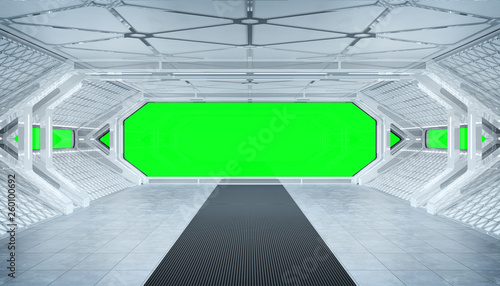 Fototapeta Naklejka Na Ścianę i Meble -  White blue spaceship futuristic interior mockup with window view 3d rendering