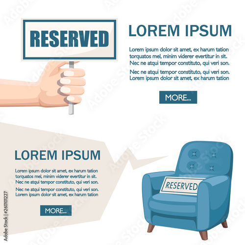 Blue armchair and hand with reserved sign. Flat vector illustration on white background. Place for text. Web site page and mobile app design