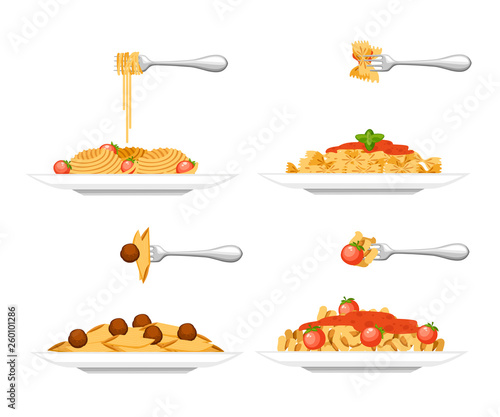 Collection of four type pasta dish. Pasta on white plate. Flat vector illustration isolated on white background. Ready to eat food from restaurant or cafe