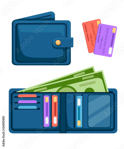 Blue leather wallet with cards and cash. Opened and closed wallet. Pockets for credit cards and paper money. Flat vector illustration isolated on white background