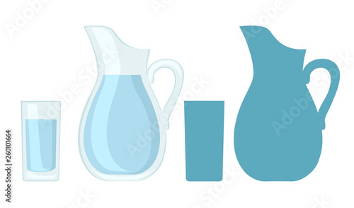 Full glass and jug of water. Flat vector design and blue silhouette. Vector illustration isolated on white background photo
